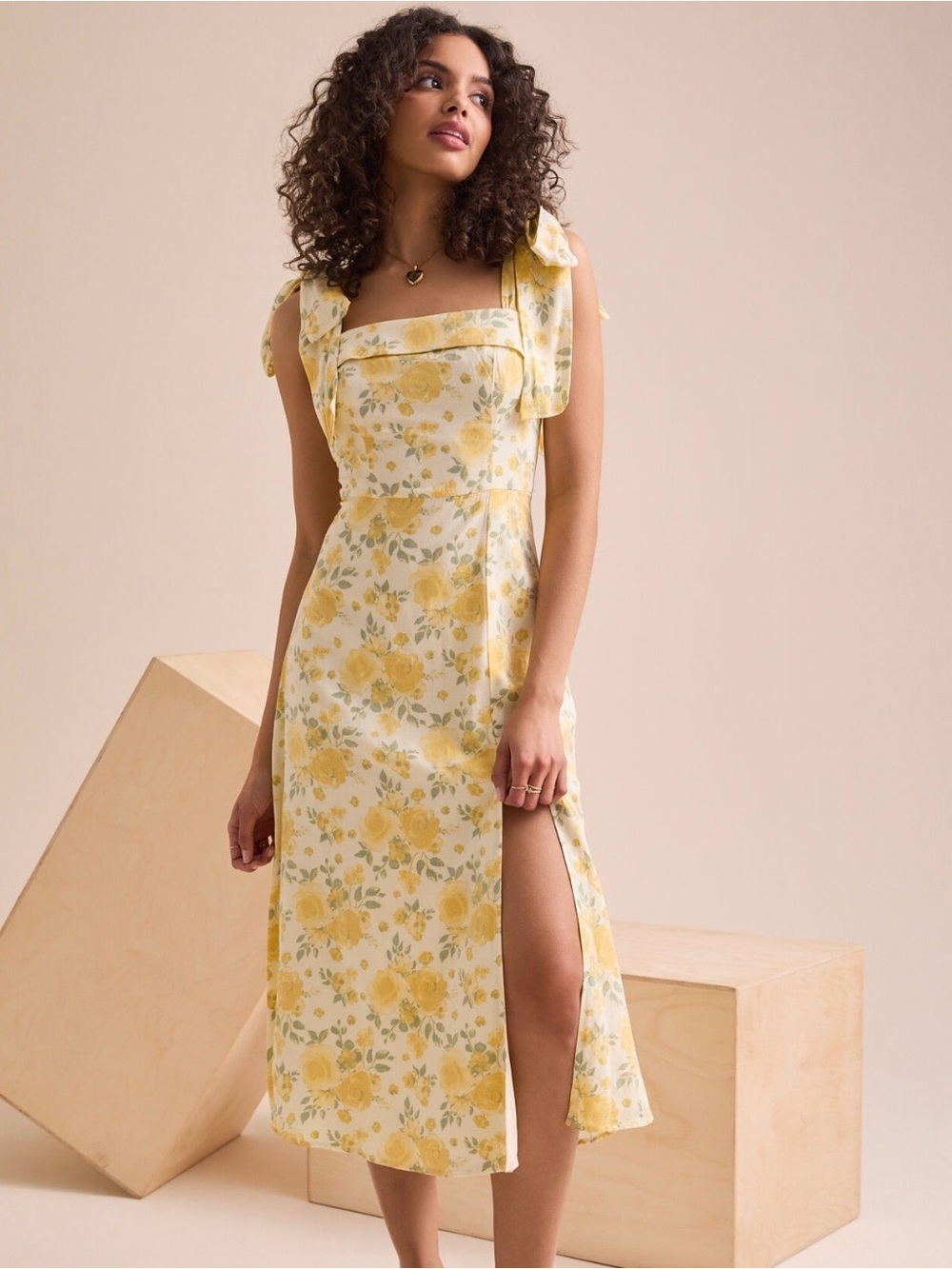 Trixxi Yellow Floral Tie-Strap Midi Dress